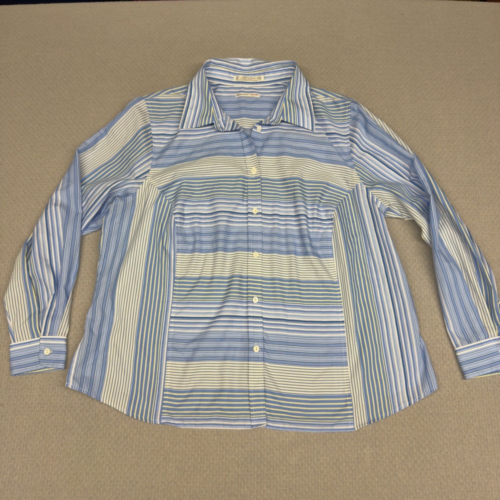 Foxcroft Sport Top Womens 18W Blue Striped Button Up Blouse Office Casual